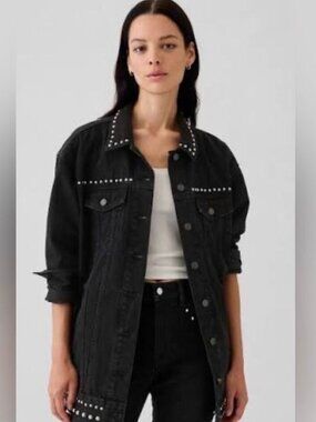 Oversized Black Denim Studded Jacket from Gap